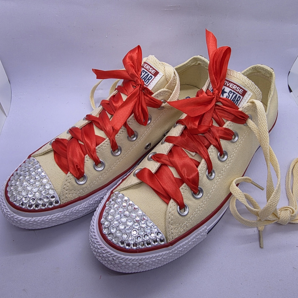Converse Womens 9 Ladies Cream Sneakers Red Crystal Embellished Accents All Star